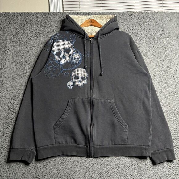 Y2K Skull Graphic Full Zip Hoodie Cyber Surf Skater Grunge Baggy